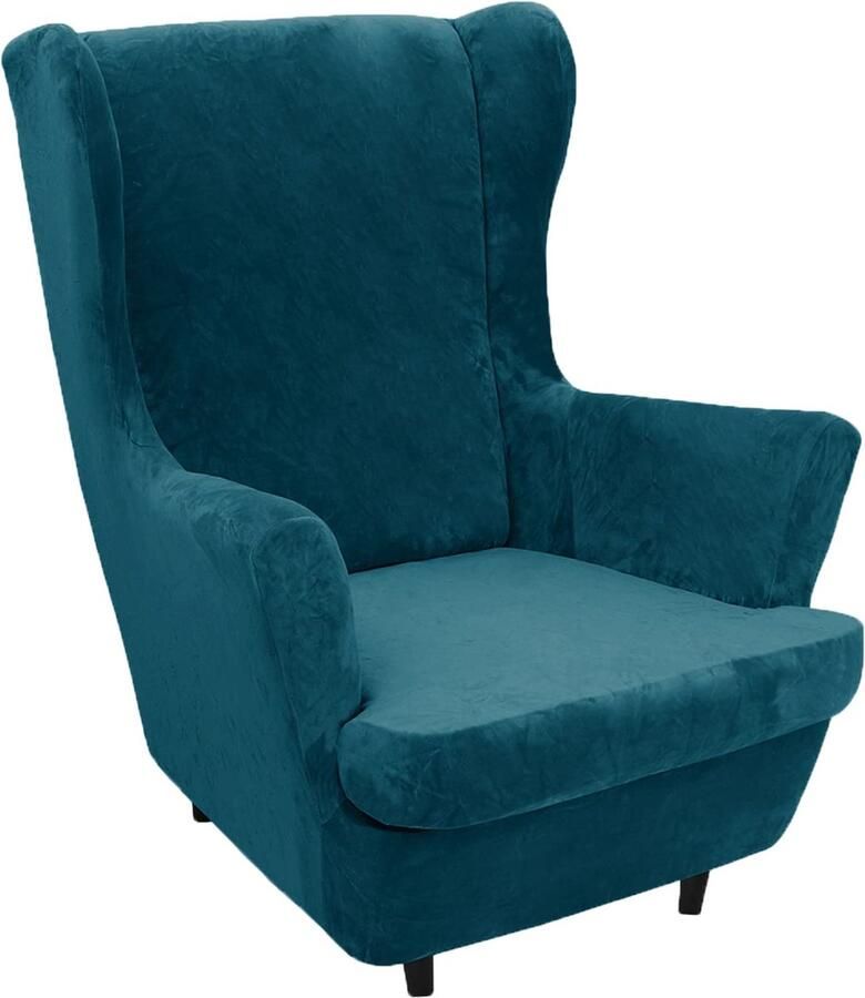 LIFEDX Hoes oorfauteuil hoes oorfauteuil fluweel 2-delig fauteuilspreien hoes oorfauteuil fauteuil elastische oorstoel beschermhoezen stretch tijgerstoelhoes met armleuning hoge rugleuning donkerblauw