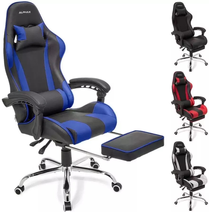 LifeGoods AlphaX Gamestoel Bureaustoel met Voetsteun Verstelbaar Kunstleer Zwart Blauw