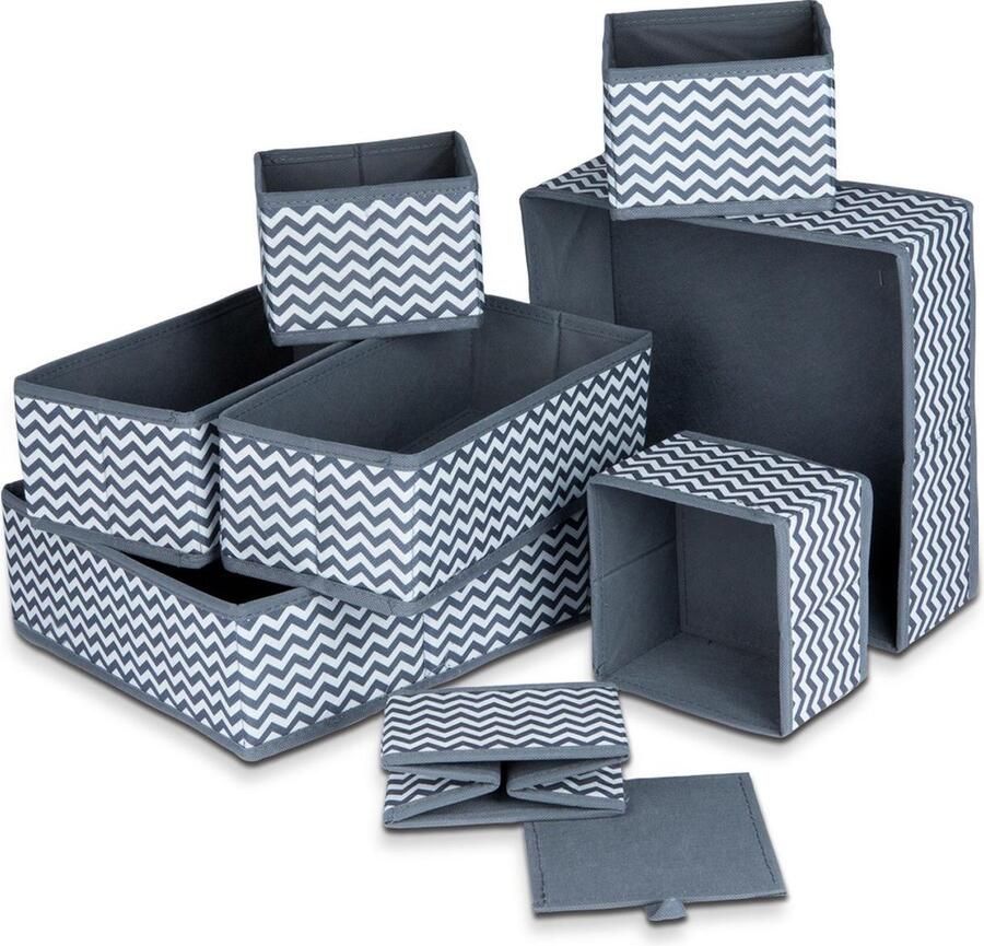 LifeGoods Lade Organizer Kast en Badkamer 8 Stuks Multi-inzetbaar S M L Grijs en Zwart Print