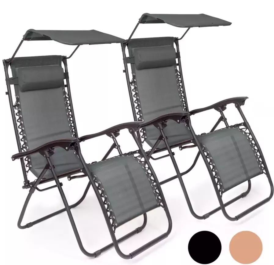 LifeGoods Opvouwbare Tuinstoelen met Luifel Verstelbaar Zonnescherm 2 Stuks 30°-90° Verstelbaar Metaal Zwart