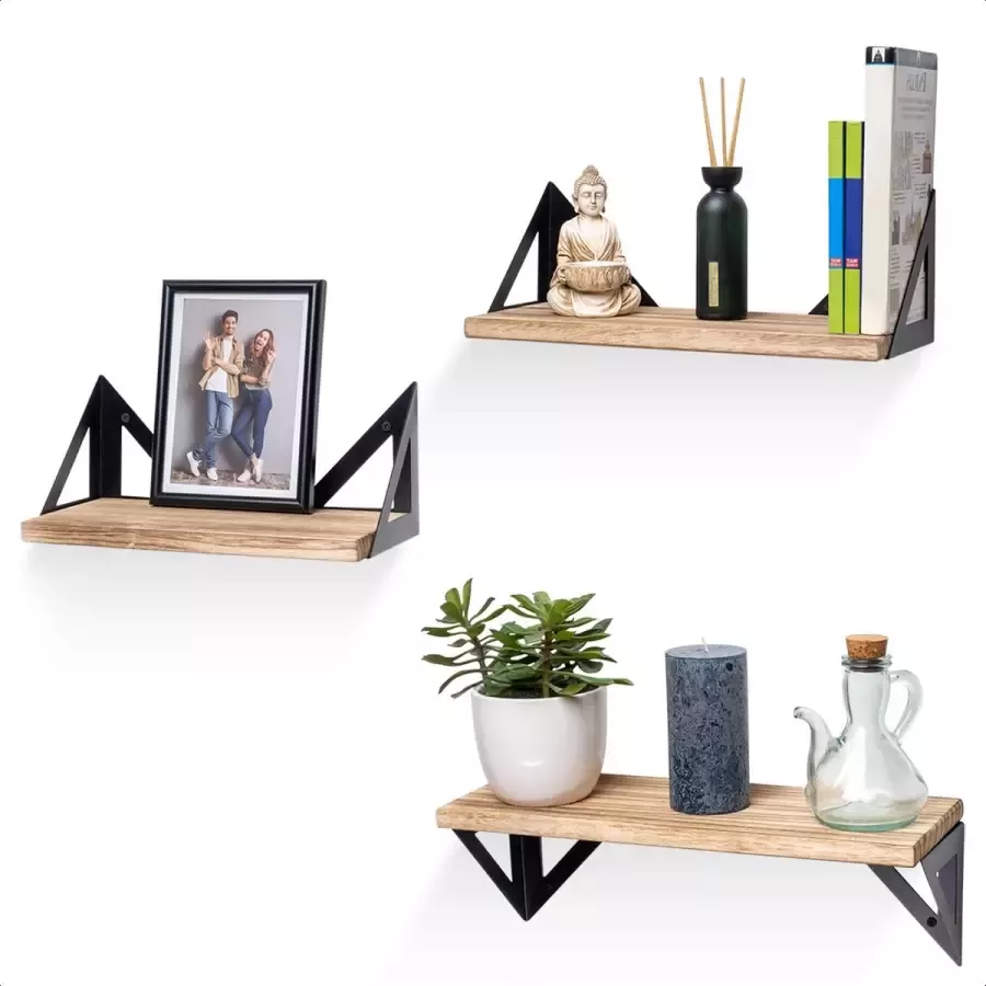 LifeGoods Zwevende Wandplank 3 Stuks tot 42cm Handdoekhouder en 8 Haakjes Industrieel Hout Lichtbruin - Foto 2