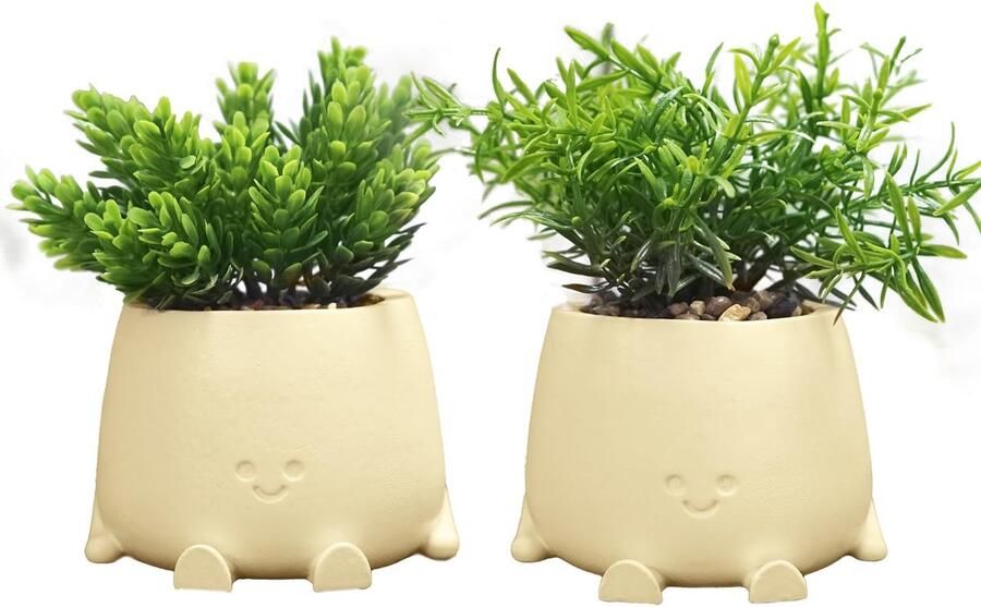 Lifemet Kleine Kunstplanten Decoratie Woonkamer Schattige Smiley Kunstplant met Pot Kunstplant Bonsai voor Bureau Boekenplank Slaapkamer Kantoor Badkamer Decoratie (2 Stuks)