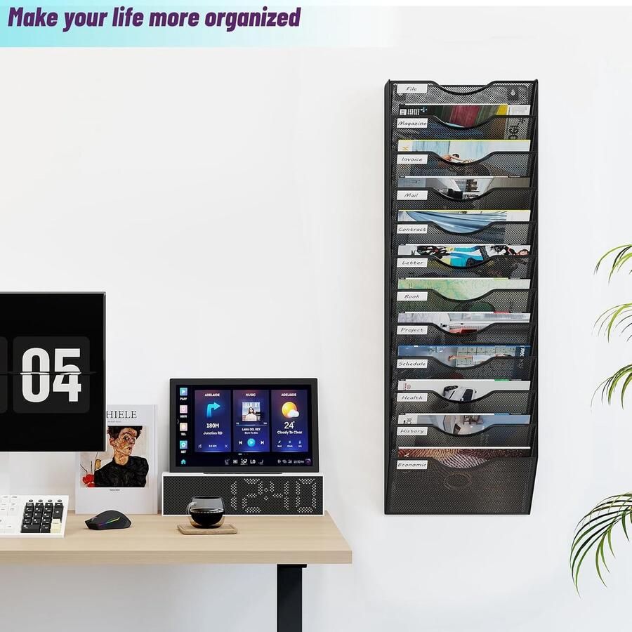 LifeStages 12 vakken krantenhouder muur mesh brochurehouder muur wandkrantenrek met label hangende organizer voor kantoor wandorganizer home magazine wandhouder zwart