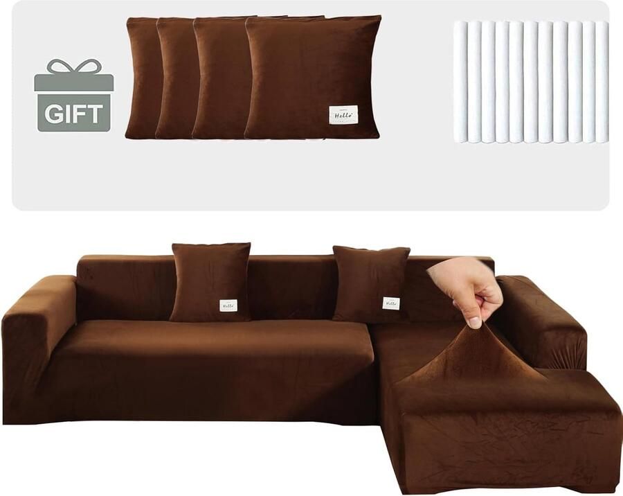LifeStages Bankhoes hoekbank L-vorm stretch bankovertrekken met 4 kussenslopen voor 1 2 3 4-zitsbank coverwoonkamermeubelbescherming meubelovertrek (3 + 3 stoelen bruin