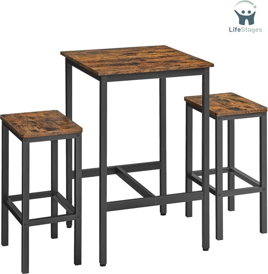 LifeStages Barmeubel Bartafel Keukentafel Vierkante Bartafel met 2 Barkrukken Eetkamer Pub Bartafel Set voor 2 Rustiek Bruin