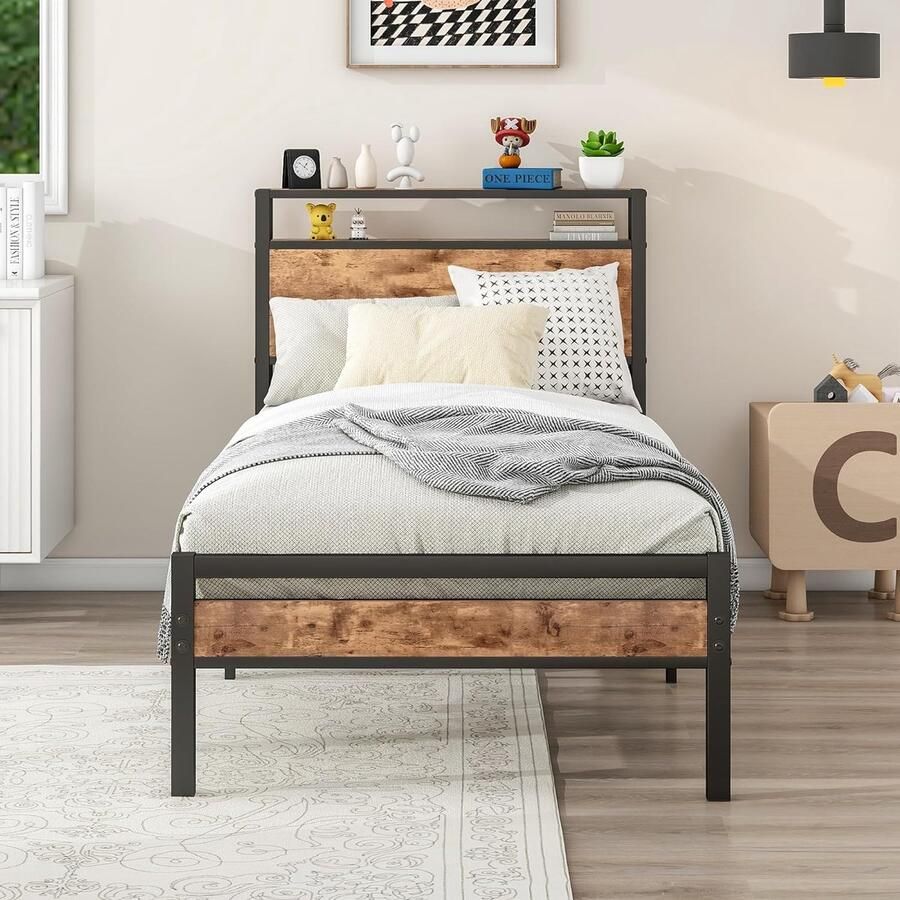 LifeStages Bedframe van metaal 90 x 200 cm houten bedframe met opbergruimte hoofdeinde eenpersoonsbed logeerbed tienerbed 90 x 200 cm vintage bruin + zwart