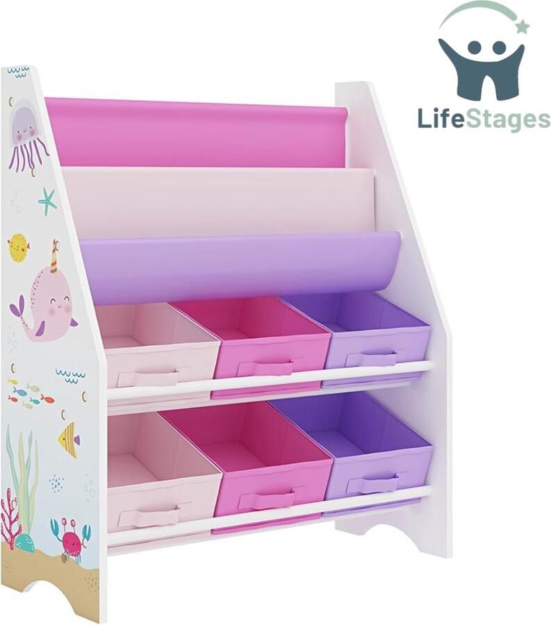 LifeStages Boekenrek Kind Boekenkast met 2 Opbergvakken 6 Dozen met Oceaanmotief 74x62x26.5cm Roze Lila
