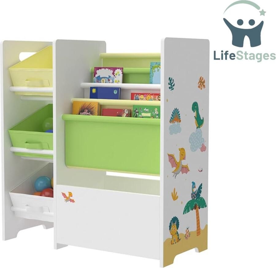LifeStages Boekenrek Kind Boekenkast met 4 Opbergvakken 3 Inklapbare Dozen Speelgoedkast Dinosaurus 60x65x30 cm Groen Geel
