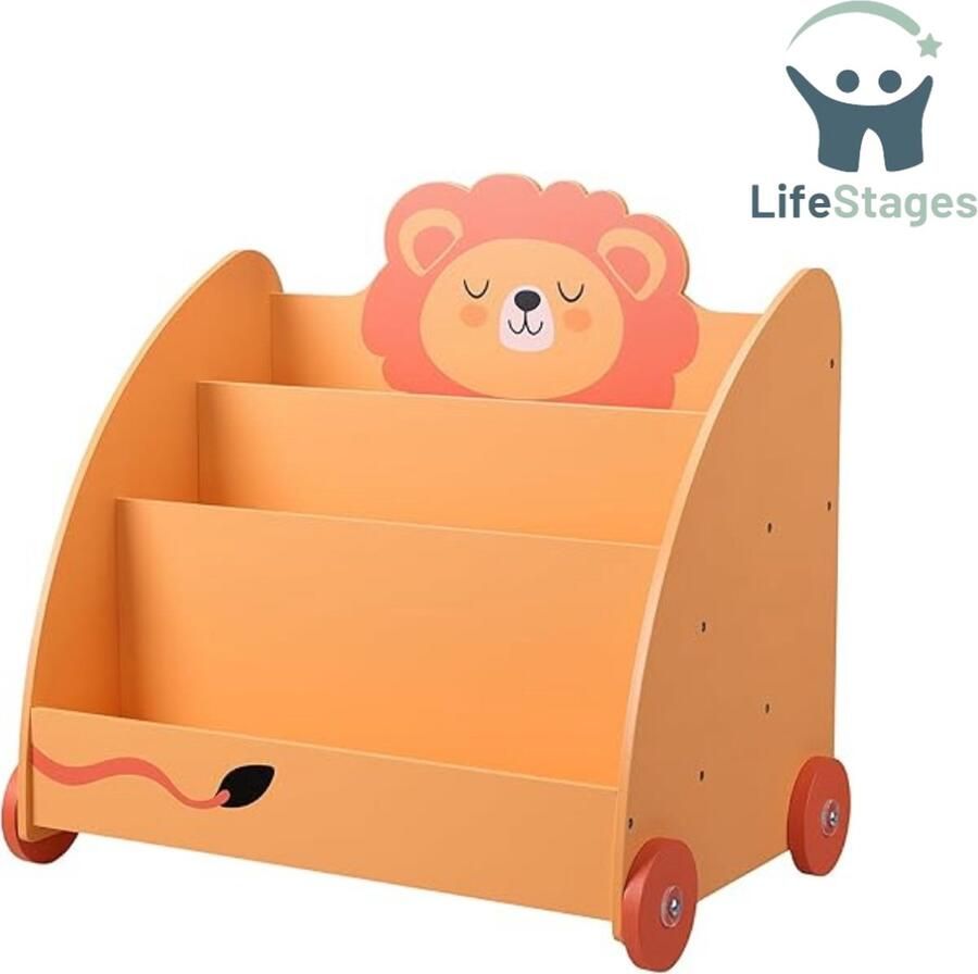 LifeStages Boekenrek Kind Boekenkast met wielen Houten boekenplank met 3 vakken Oranje leeuw 60 x 58 x 40 cm