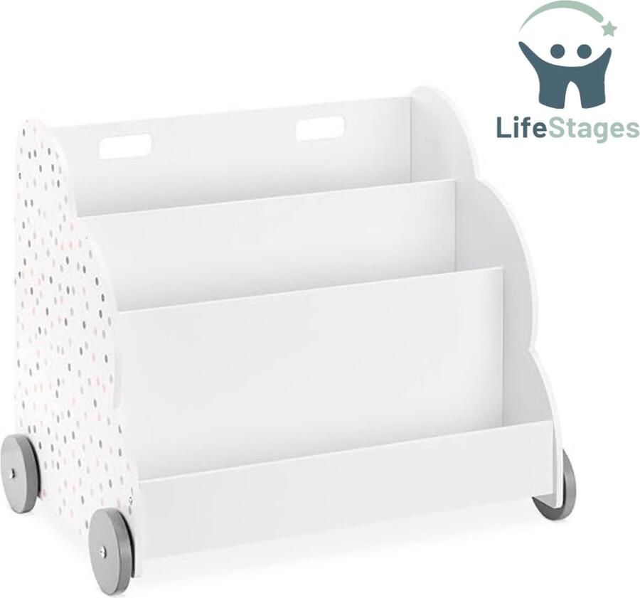 LifeStages Boekenrek Kind Kinderboekenkast op Wielen Houten Boekenkast met 3 Vakken 60 x 51 x 40 cm