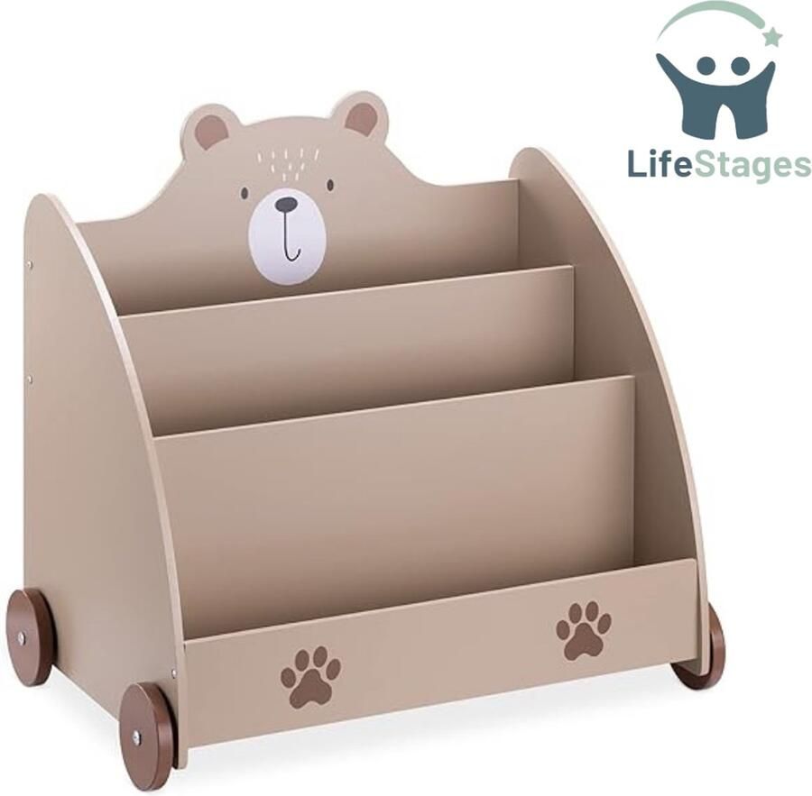 LifeStages Boekenrek Kind Kinderboekenkast op Wielen Houten Boekenkast met 3 Vakken Montessori Speelgoed Boekorganizer 60 x 58 x 40 cm Bruine Beer