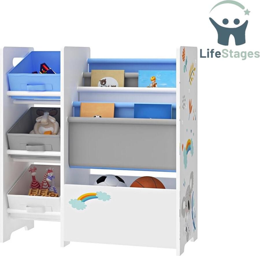 LifeStages Boekenrek Kind Kinderplank Boekenkast met 4 Opbergvakken & 3 Opvouwbare Opbergdozen Wit Grijs Blauw