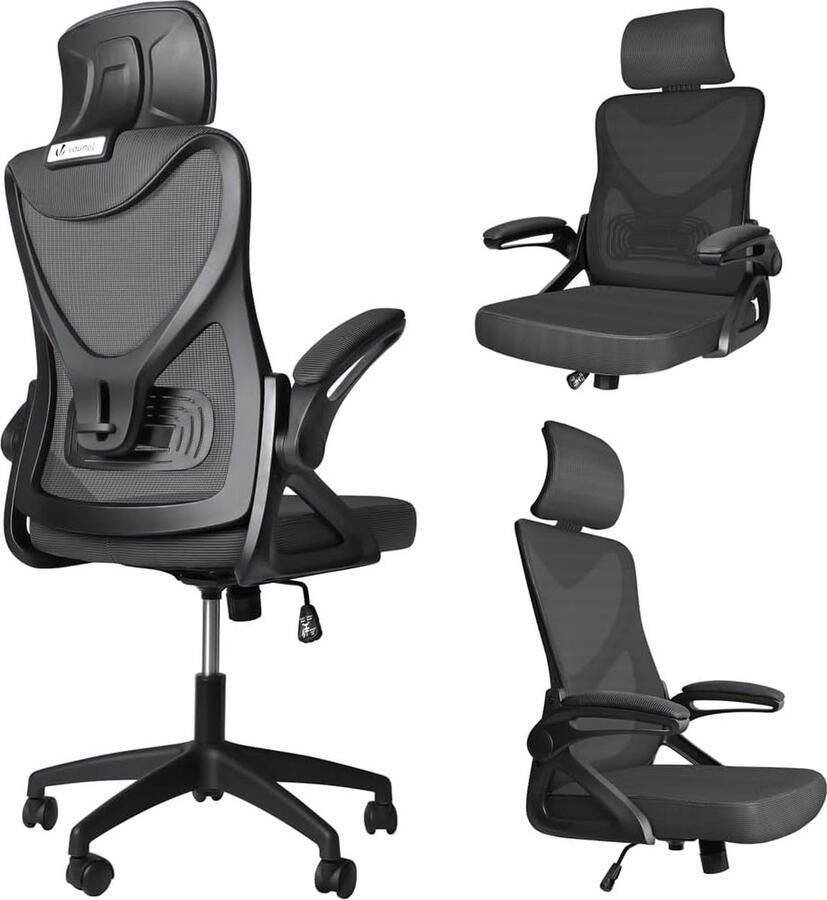 LifeStages Bureaustoel ergonomisch bureaustoel met opklapbare armleuningen verstelbare lendensteun en hoofdsteun in hoogte verstelbare draaistoel managersstoel met kantelfunctie tot 120 graden zwart