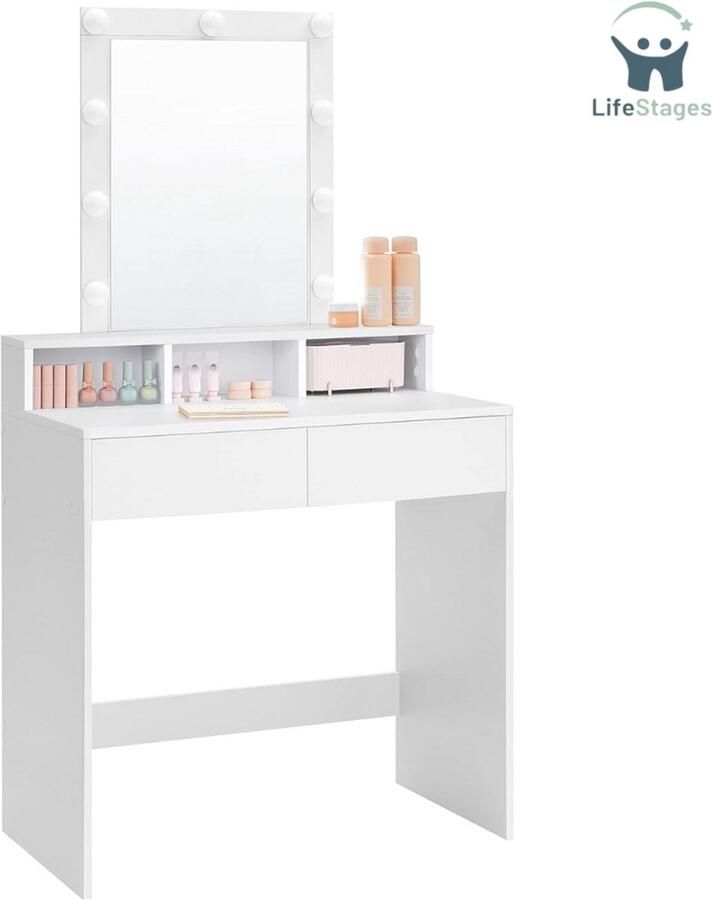 LifeStages Coiffeuse Avec Miroir Kaptafel Make-up Tafel met Spiegel en Lampen Lichtsterkte instelbaar Cosmeticatafel met 2 Laden en 3 Open Vakken Wit