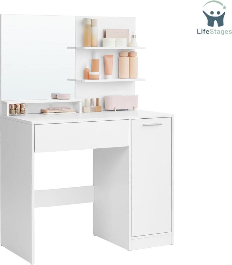 LifeStages Coiffeuse Avec Miroir Kaptafel met Spiegel 1 Lade 2 Planken Opbergkast Make-up organizer Wit