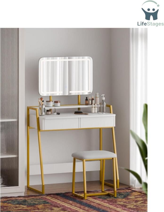 LifeStages Coiffeuse Avec Miroir Kaptafel met Spiegel en Kruk Kaptafel met 3 Kleuren Instelbare Helderheid LED Verlichting 2 Grote Opbergladen en Metalen Frame voor Slaapkamer Wit en Goud