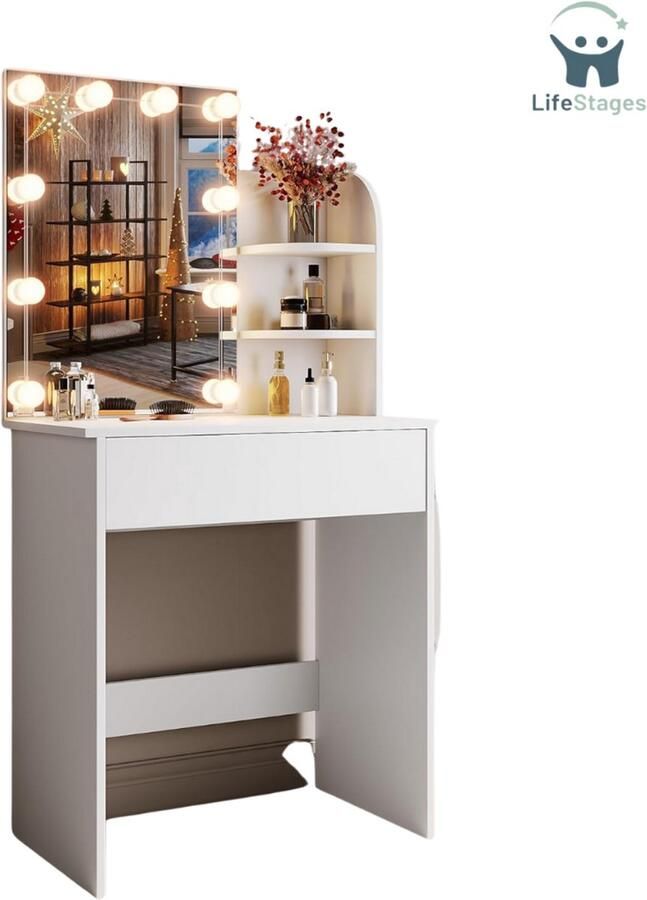 LifeStages Coiffeuse Avec Miroir LED Make-Up Tafel Met HD Spiegel Met 10 Instelbare Helderheden 3 Kleuren Kaptafel Met Laden Voor Slaapkamer 3 Open Vakken Wit 70 X 40 X 140 Cm