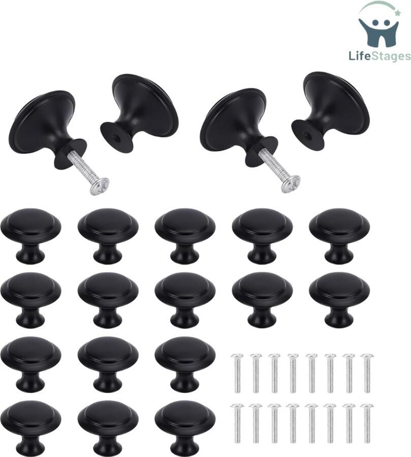LifeStages Deurknop Kast -Matzwarte Lade Knop Set 16 Stuks Deurgrepen Meubel Knoppen 30mm Ronde Meubel Knoppen Met 16Pc Schroeven Voor Badkamer Keuken Kasten Zwart