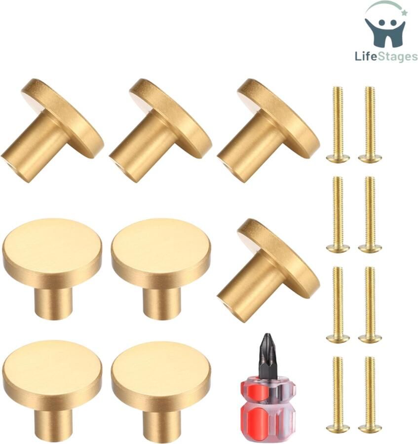 LifeStages Deurknop Kast Ronde Knoppen Voor Kasten Goudkoperen Knoppen Voor Lades Deur Keukenhardware Knoppen Voor Kasten Roestvrijstalen Handgrepen Met Eén Gat Met Schroeven Voor Garderobekasten Met Schroevendraaier 8PCS Goud