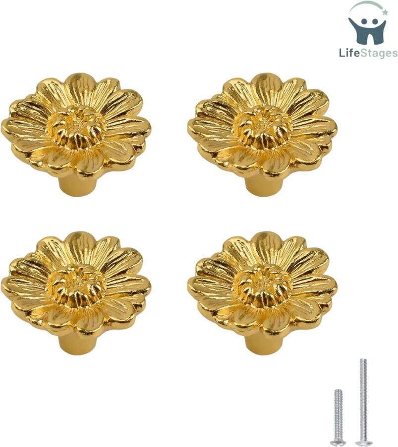 LifeStages Deurknop Kast Zink Alloy Little Daisy Knoppen Bloem Vorm Kabinet Knoppen Voor Kast Lade Kast Dressoir Trekt Handgreep Enkel Gat Hardware Handgreep 4 Stuks Goud