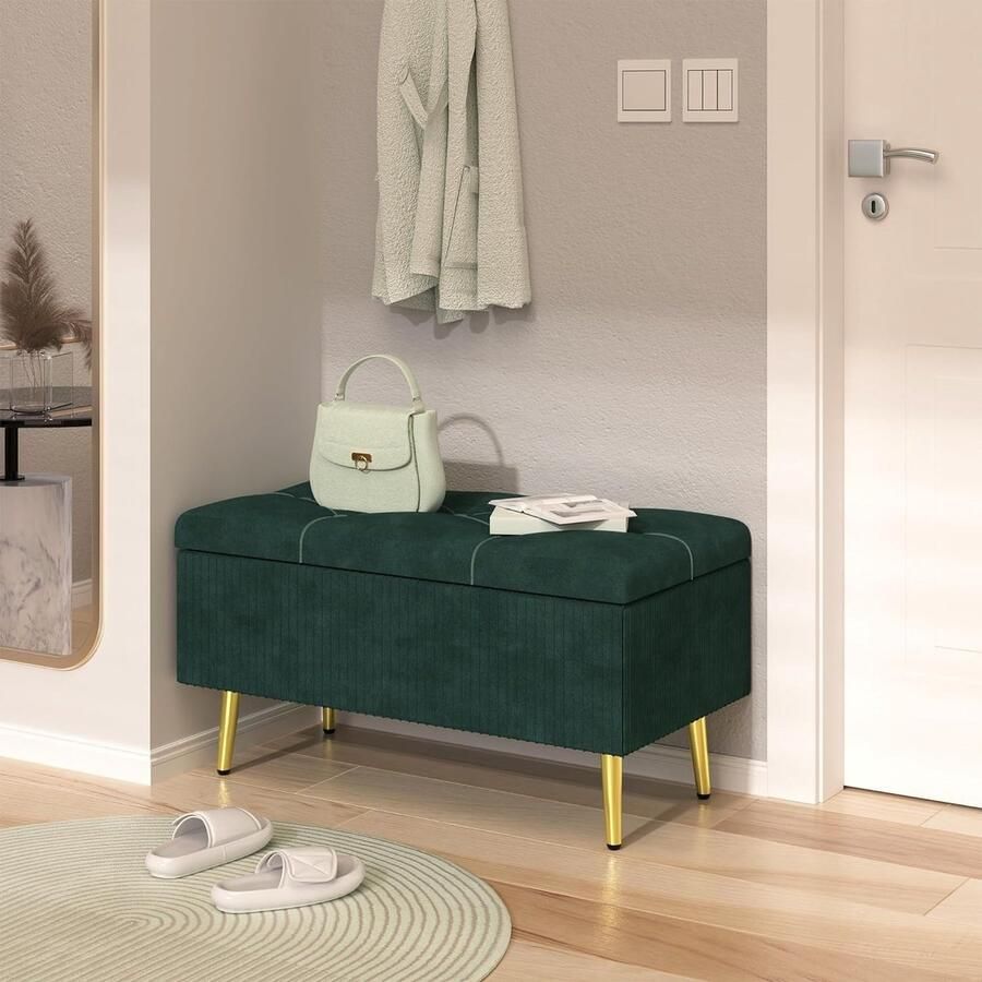 LifeStages Gestoffeerde bank met opbergruimte Europese opbergkast garderobebank fluwelen gestoffeerde bank 80 x 40 cm donkergroen