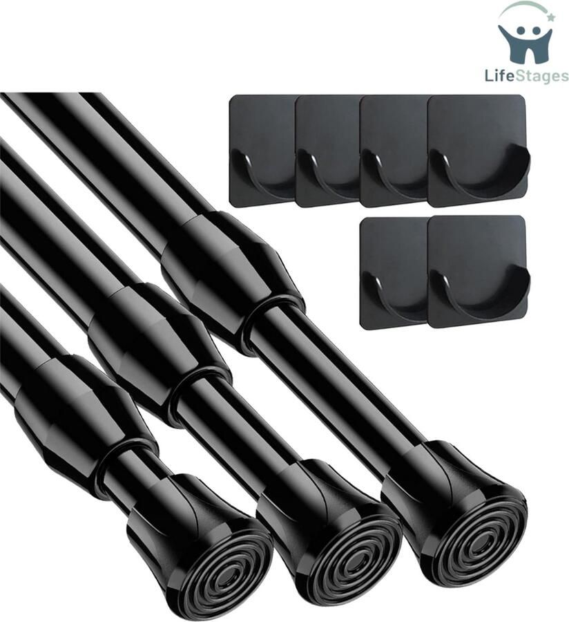 LifeStages Gordijnroede Zonder Boren Gordijnroedes 3 Stuks Klemstang 60-90 CM Spanstang Zonder Boren Voor Garderobe Badkamer 62 Tot 105 CM Diameter 13 MM Zwart