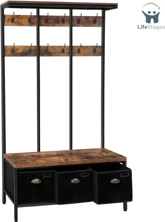 LifeStages Halkast Met Kapstok Grote Garderobe Gangboom Met 12 Haken 3 Opbergkasten Schoenenbank Stal Industriële Stijl Voor Entree Woonkamer Slaapkamer Vintage Bruin