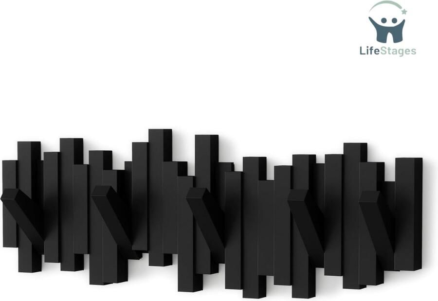 LifeStages Halkast Met Kapstok Sticks Wandkapstok Met 5 Haken Zwart