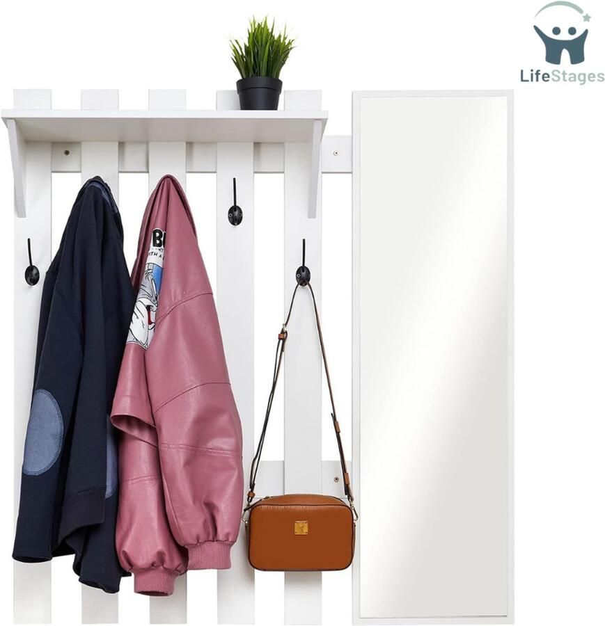 LifeStages Halkast Met Kapstok Wandgarderobe Met Spiegel Houten Garderobe Met 5 Haken Industriële Stijl Voor Hal 100 x 22 x 106 cm Wit