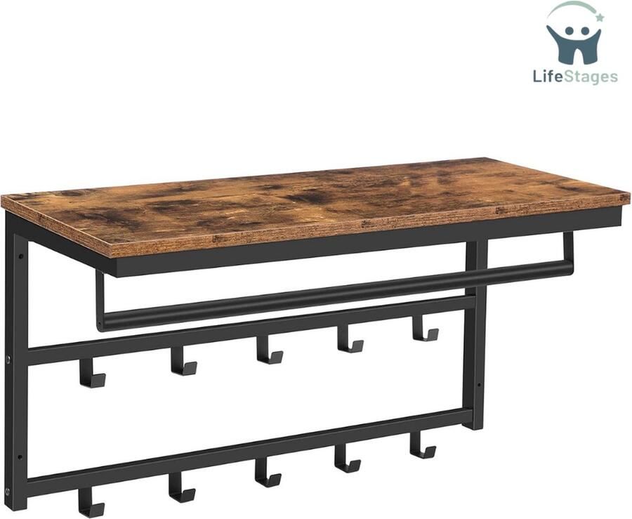 LifeStages Halkast Met Kapstok Wandgarderobe Wandkast Met Plank Wandplank Met 10 Haken En Slinger Hoedenplank Hangplank 80 x 30 x 42 cm Voor Hal Woonkamer Slaapkamer Industriële Stijl Vintage Bruin En Zwart