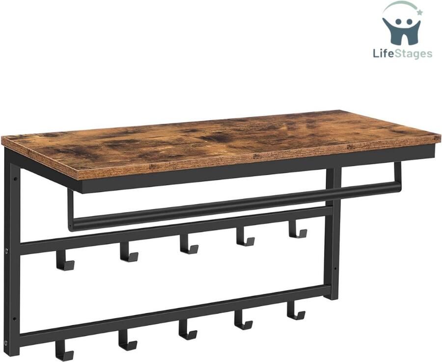 LifeStages Halkast Met Kapstok Wandgarderobe Wandkast Met Plank Wandplank Met 10 Haken En Slinger Hoedenplank Hangplank 80 x 30 x 42 cm Voor Hal Woonkamer Slaapkamer Industriële Stijl Vintage Bruin En Zwart