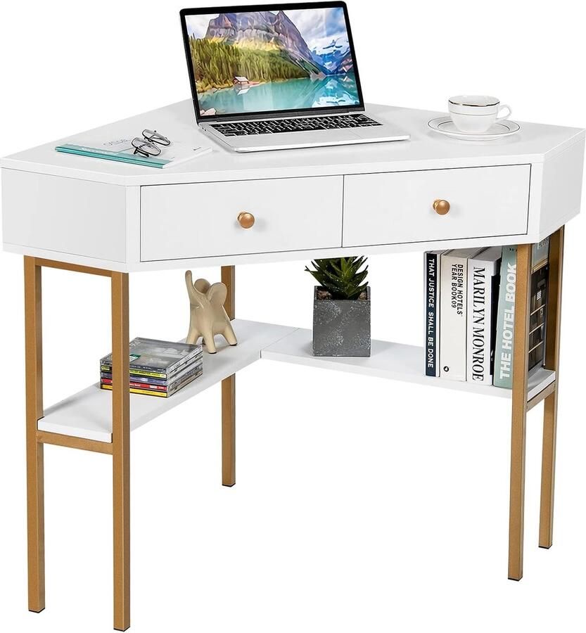 LifeStages Hoekbureau met 2 lades en planken hoektafel met driehoekig tafelblad 70 x 70 x 75 cm houten bureau en metalen frame bureautafel computerbureau hoekbureau (wit)