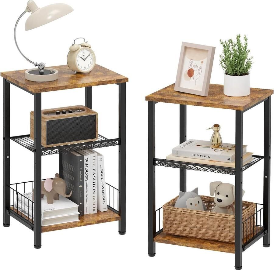 LifeStages Houten en metalen bijzettafel nachtkastjes met 3 niveaus industrieel ontwerp decoratieve bijzettafel kleine salontafels voor woonkamer slaapkamer kantoor hal (vintage bruin zwart 2)