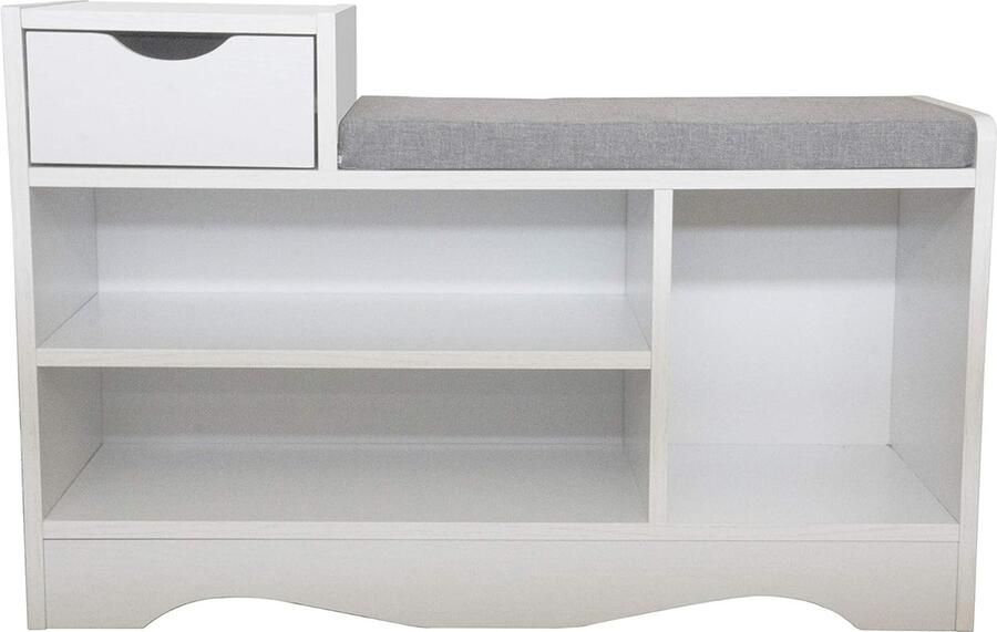 LifeStages Houten schoenenbank schoenenrek organizer voor gangkasten met zitkussen en laden voor hal en woonkamer (wit 2)