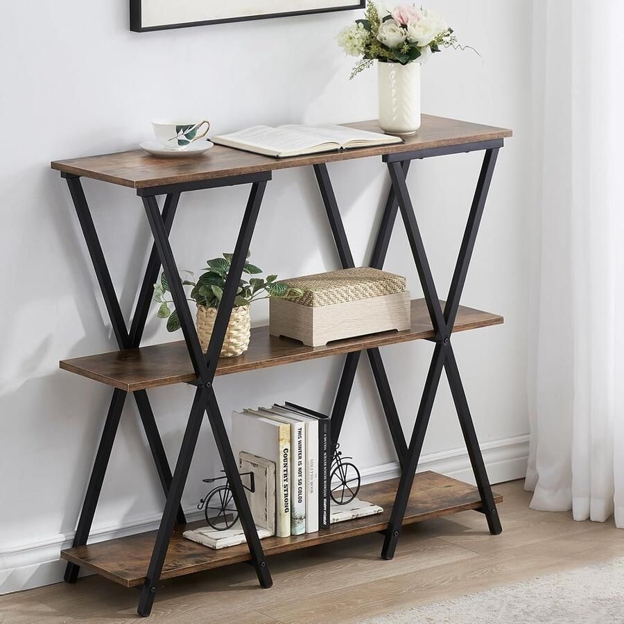 LifeStages Industriële Console Sofa Tafel met Planken 3-laags Entree Hal Tafel voor Woonkamer 39 Inch Lange Smalle Hal Tafel met Metalen Frame Rustiek Bruin