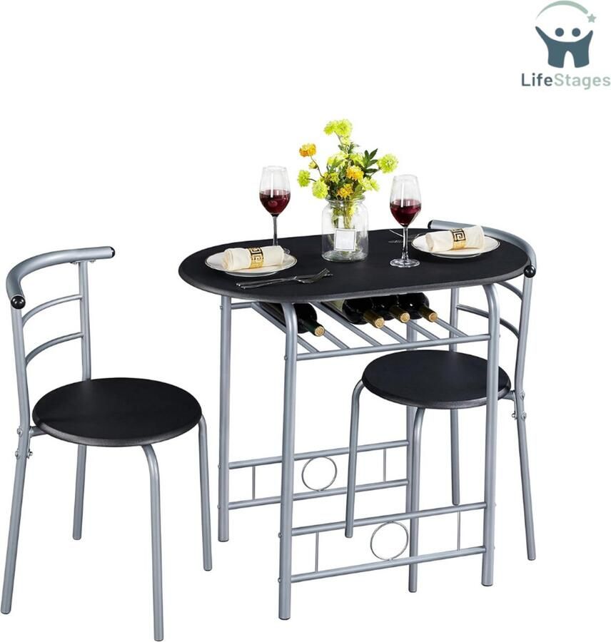 LifeStages Keukentafel 2 Personen Eetkamerset Tafelset Voor 2 Personen Met 1 Eettafel En 2 Stoelen Keukentafel Met Opbergvak Eettafelset Zwart