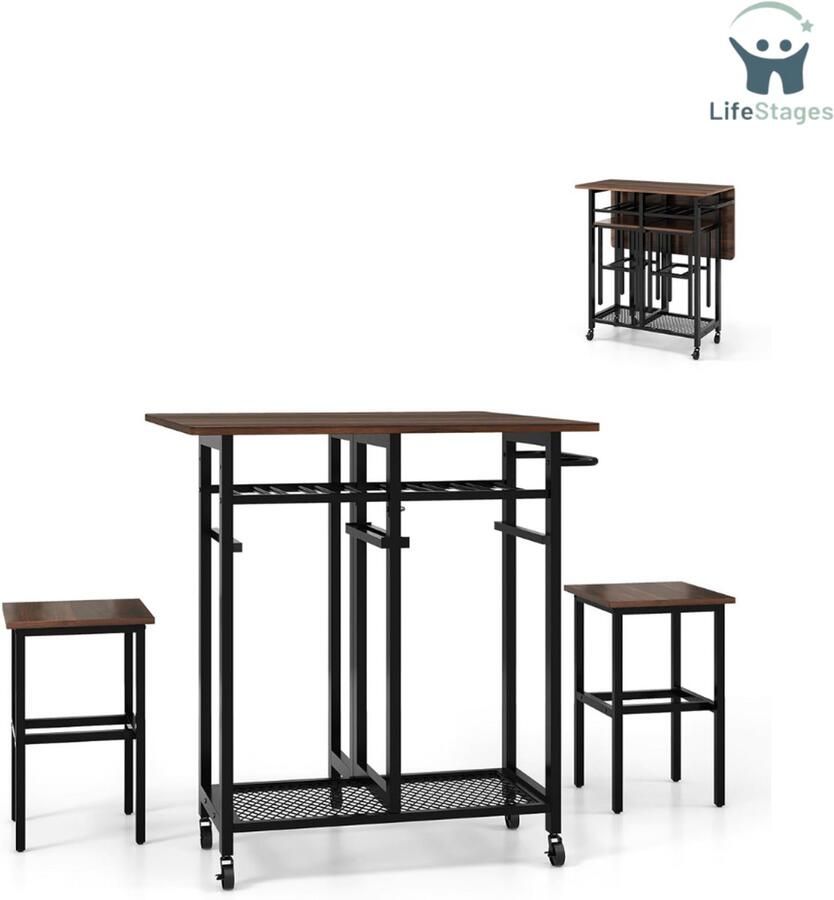 LifeStages Keukentafel 2 Personen Eettafel-Set 3-Delige Uittrekbare Keuken Tafel Op Wieltjes Met 2 Stoelen Eetset Met 6 Flessen Wijnrek Planken En Handvat Opvouwbare Eetkamer Tafel Voor Kleine Ruimtes