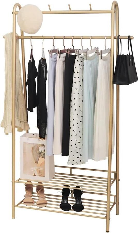 LifeStages Kledingrek kapstok met 4 haken 2 schoenenrekken kledingstang wasrek metaal kledingrek stabiel goud multifunctionele kledingstandaard voor slaapkamer woonkamer hal