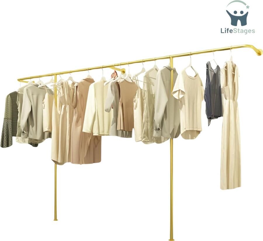 LifeStages Kledingroede Muur Garderoberek Verdikte Buizen Metaal Wandmontage Heavy Duty Kledingstang Garderobestandaard Voor Kledingopslag En Garderobe Maximaal Gewicht 100kg 250 x 170cm Goud