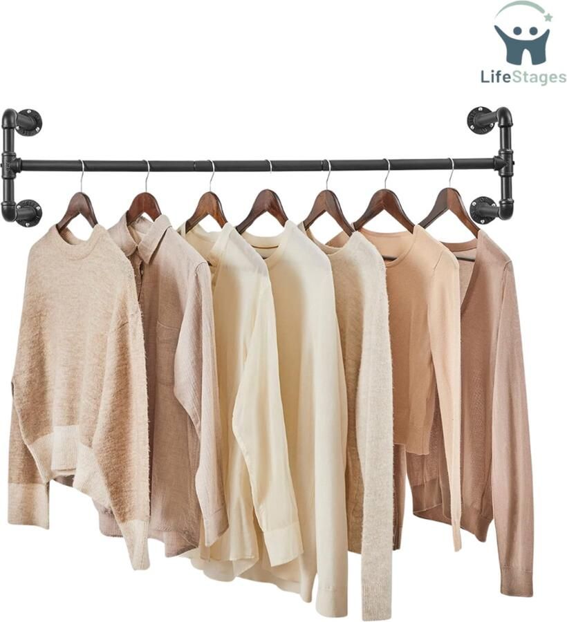 LifeStages Kledingroede Muur Garderoberek Wand Garderobestang Industrieel Ontwerp Set Van 2 Wandgemonteerd Draagvermogen Tot 60kg 30 x 112 x 29 2cm Gemakkelijk Te Monteren Zwart