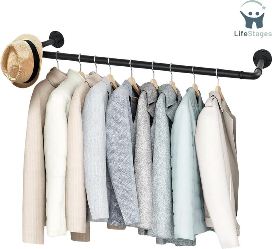 LifeStages Kledingroede Muur Industriële Buis Kledingrekken Wandmontage Industrieel Ruimtebesparend Wandrek Keukenrek Voor Winkel 83cm Zwart