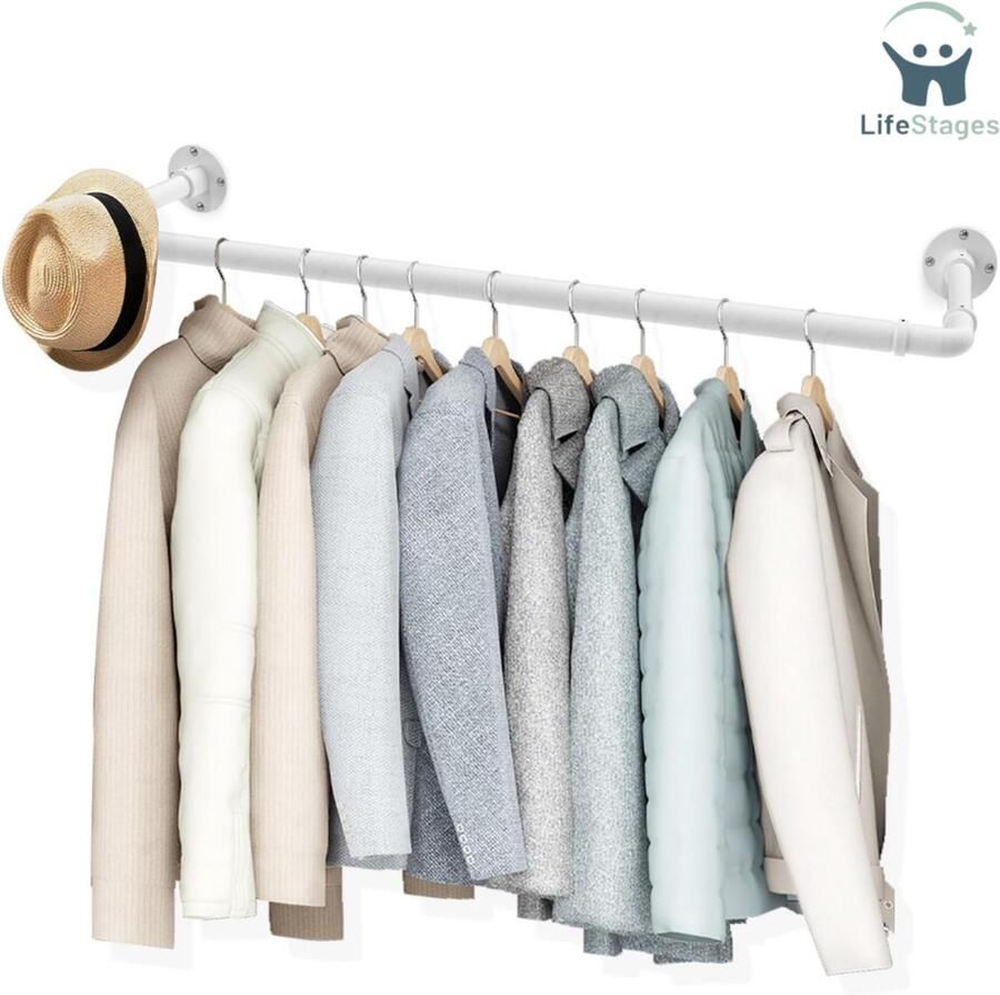 LifeStages Kledingroede Muur Industriële Buis Kledingrekken Wandmontage Industrieel Ruimtebesparend Wandrek Keukenrek Voor Winkel 83cm Wit