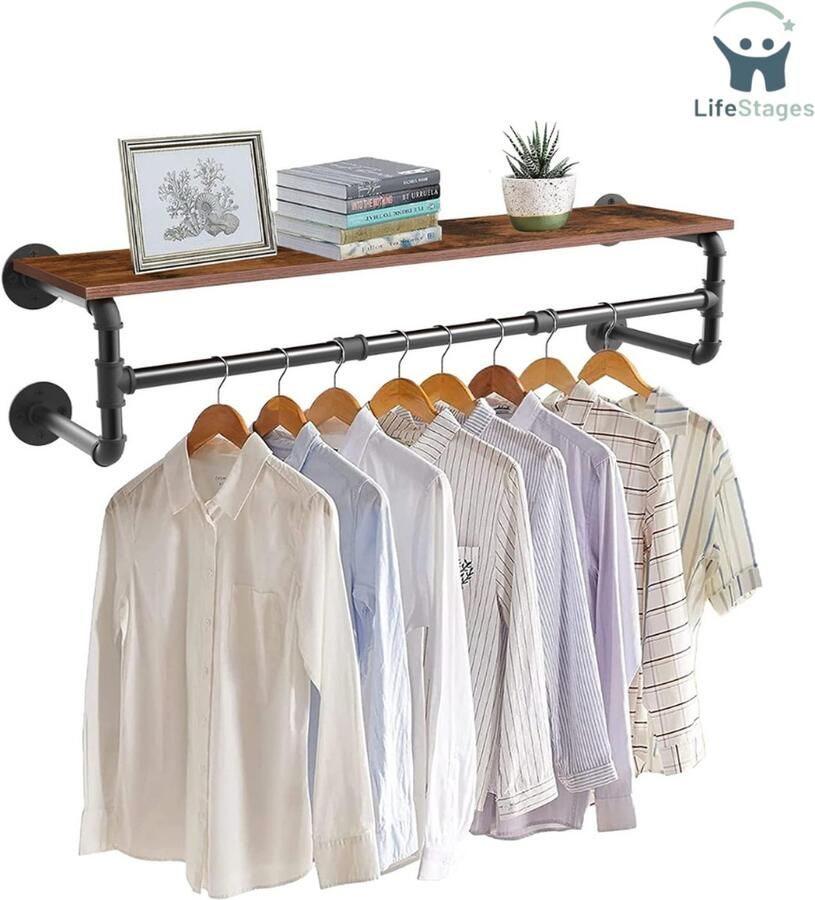 LifeStages Kledingroede Muur Wand Gemonteerde Kleding Rail Met Plank Industriële Pijp Kledingrek 100cm Kledingrek Muurhanger Voor Kleding Ruimtebesparende Kleding Opknoping Staaf Voor Kabinet Opslag Zwart