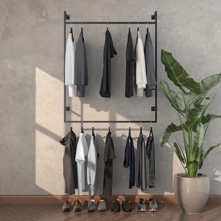 LifeStages Kledingstang wandmontage industrieel loft design ARRET V.1 voor aan de muur wandmontage slaapkamer kledingstandaard van zwart gecoate robuuste stangen voor wandmontage