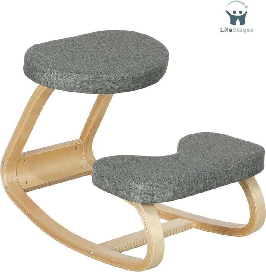LifeStages Kniestoel Ergonomisch Houten Schommelstoel Kniestoel Voor Thuiskantoor Verbetert Houding Rugpijn Grijs