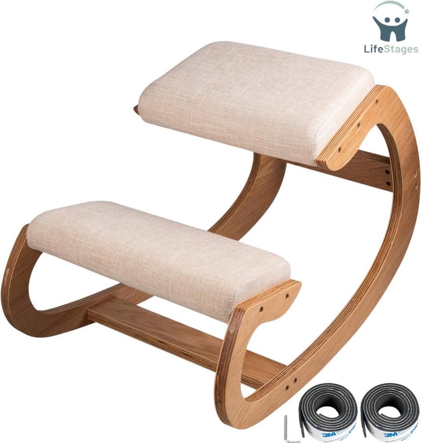 LifeStages Kniestoel Ergonomisch In Natuurlijk Hout Gelakt Variabele Ergonomische Zitting Wit