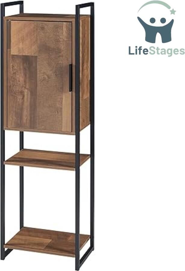 LifeStages Kolomkast staand badkamer Kolomkast staand badkamer met 2 open vakken Walnoot en zwart 115 x 35 x 25CM