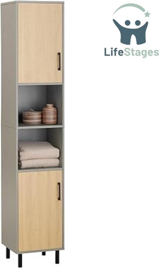 LifeStages Kolomkast staand badkamer Kolomkast staand badkamer met 2 verstelbare plankendeuren Kolomkast staand badkame met 2 open vakken 31.5 x 31.5 x 162CM