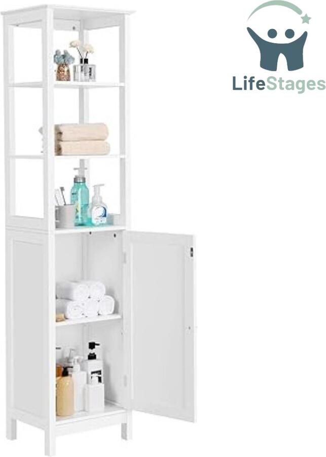 LifeStages Kolomkast staand badkamer Kolomkast staand badkamer met 3 open vakken Kolomkast staand badkamer Verstelbare plank Wit 160 x 32 x 40CM