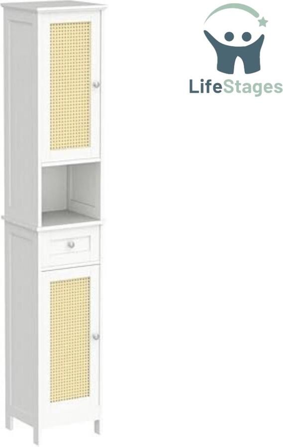 LifeStages Kolomkast staand badkamer Kolomkast staand badkamer Vrijstaand badkamermeubel Kolomkast staand badkamer 1 Open vakken Kolomkast staand badkamer 1 Lade en 2 Ploy Rotan deuren 32 x 30 x 170CM